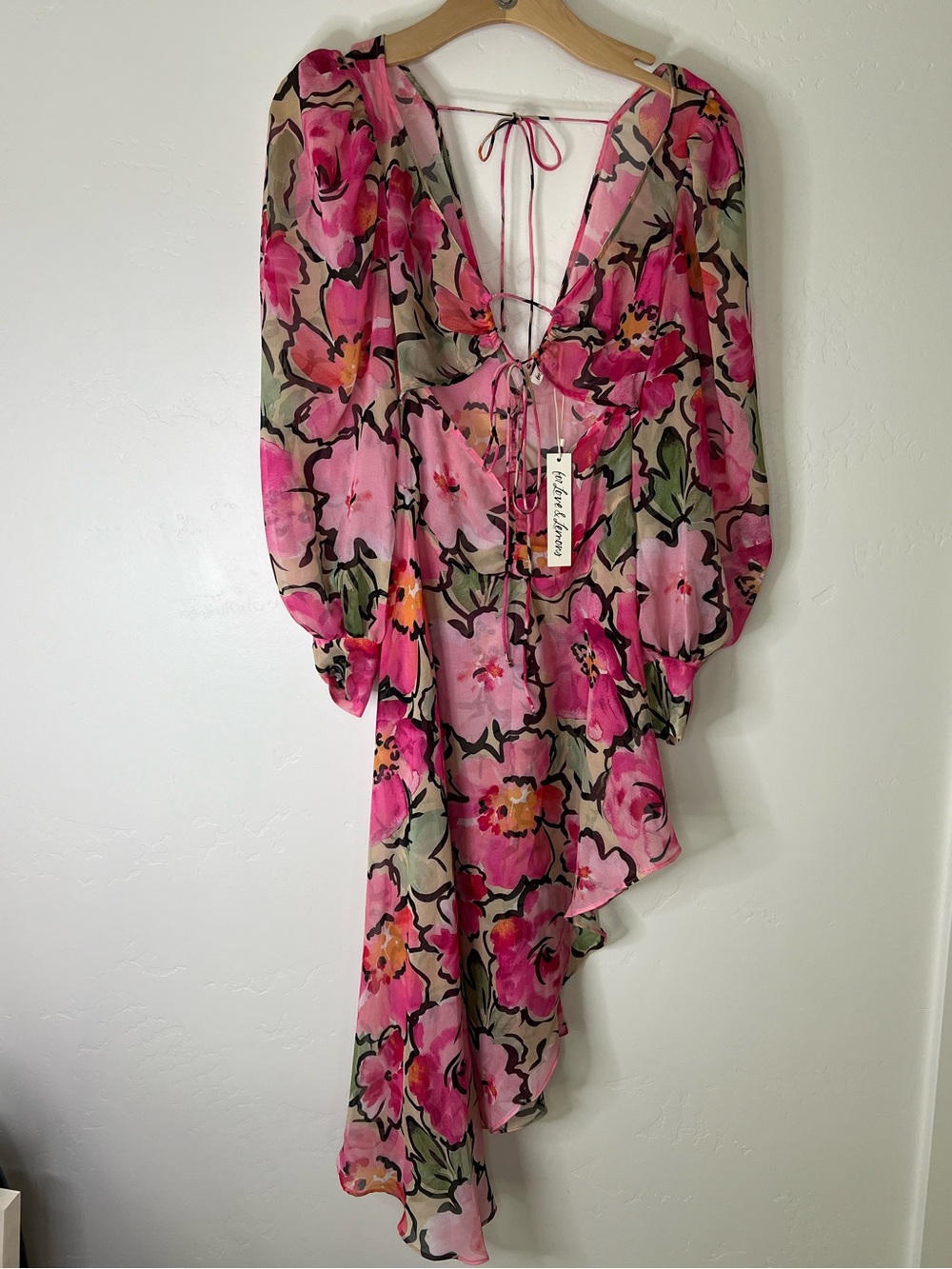 For Love & Lemons Pink Floral Asymmetric Tie-Back Dress